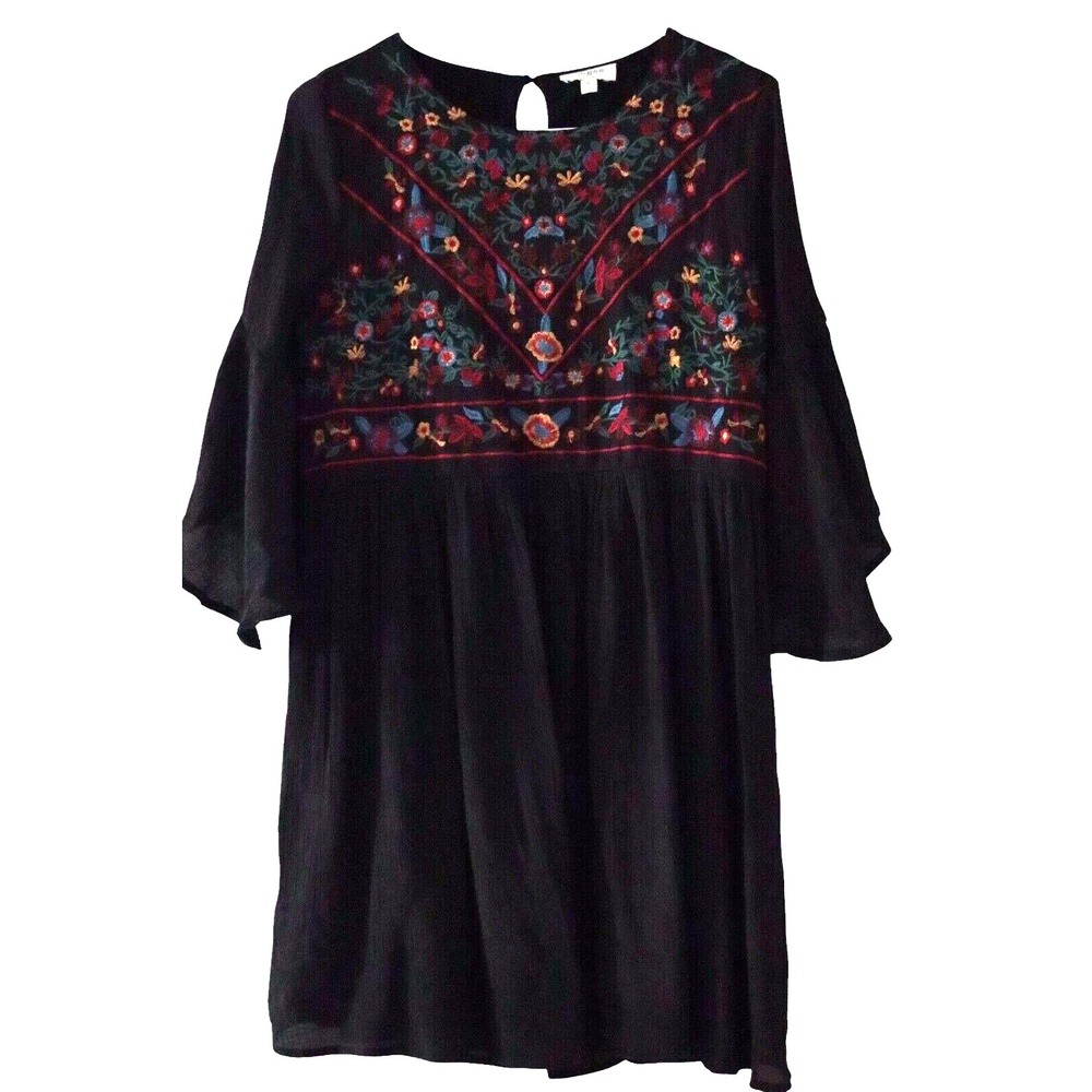 Umgee Women's Midi Dress Embroidered Floral Boho Prints Size M‎ Puff Sleeves